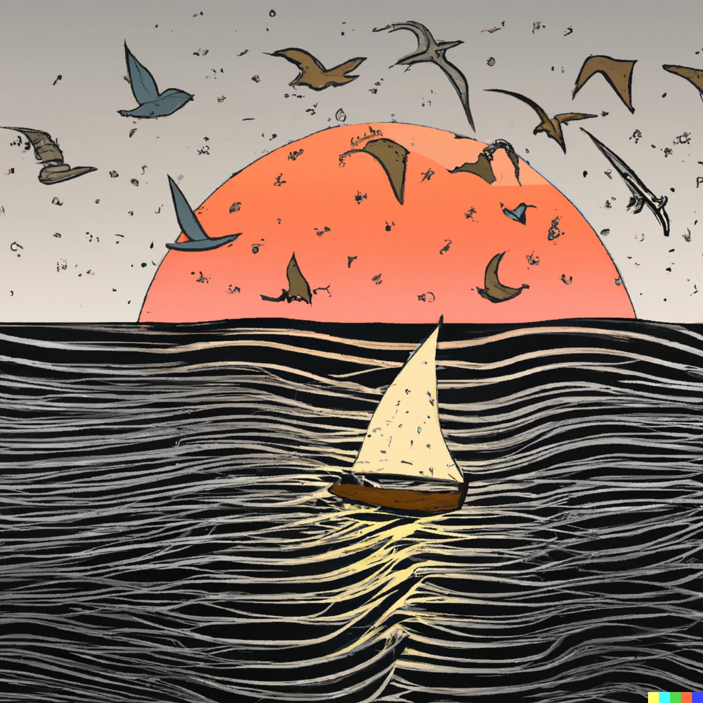 A hand-drawn sailboat circled by birds on the sea at sunrise